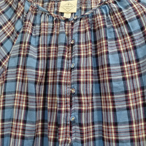 St. John's Bay Blue Plaid Blouse Sz XXL Button Down, Balloon Sleeves - Picture 4 of 5